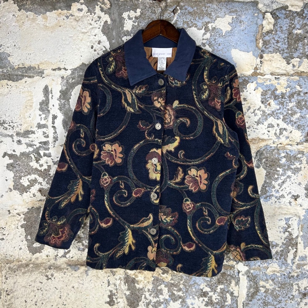 Susan Graver Tapestry Jacket Womens Medium Navy Floral Button Front Whimsigoth